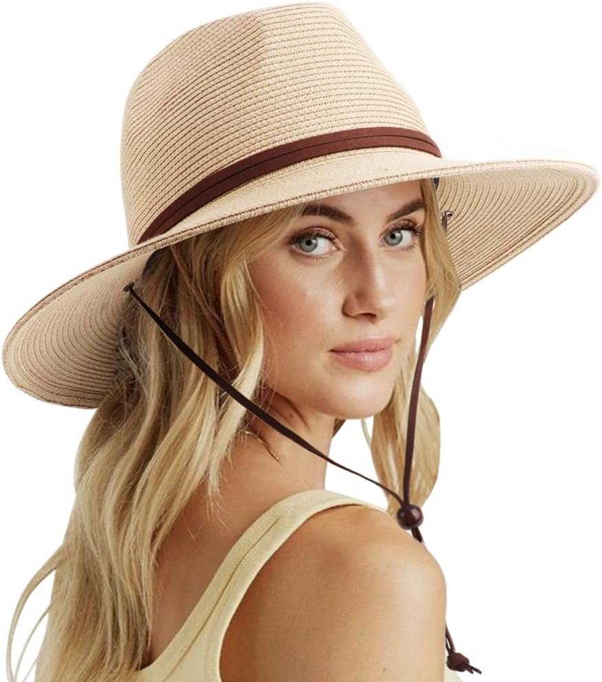 DRESHOW Womens Summer Straw Sun Hat Wide Brim Bucket Hats Fedora Hat Panama Beach Hat with Chin Strap UPF 50+