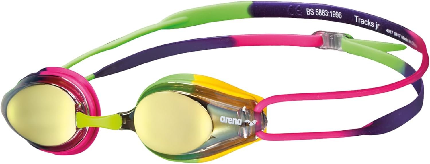 ARENA Tracks Unisex Junior Youth Essential Racing Swim Goggles Ages 6 to 12 Kids Swimmers Young Racers Anti-Fog Coated Mirror Lens, Violet/Fuchsia/Green