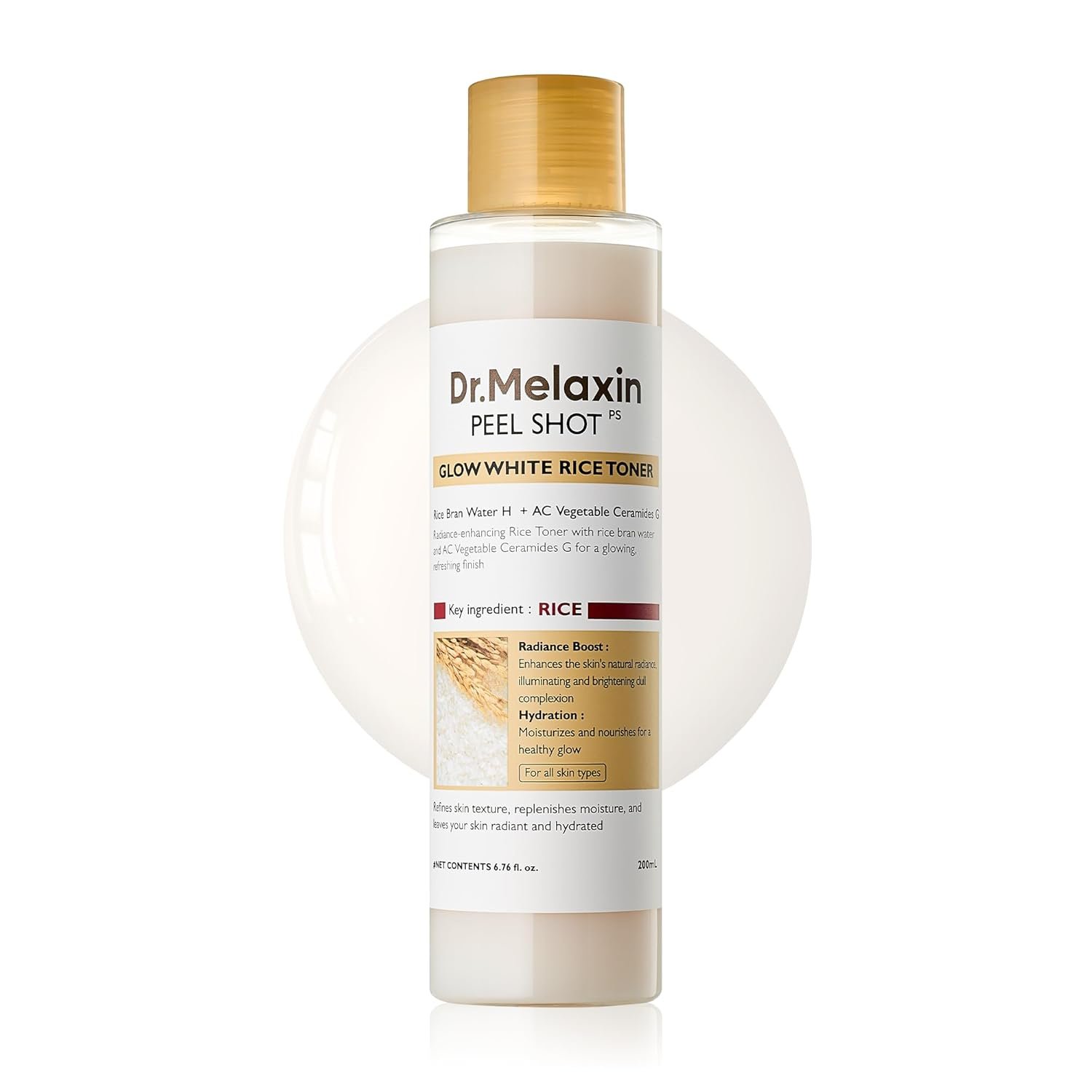 Dr.Melaxin Peel Shot Glow Rice Toner with Rice Extract & Ceramides, Hydrating & Skin Refining Face Toner for Glass Skin, Liposome Oil for Deep Moisture & Barrier Care, Korean Skincare, 6.76 fl.oz