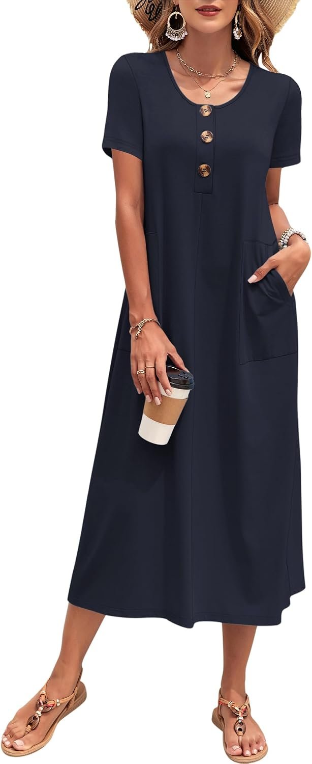 MOLERANI Women’s Summer Long Midi Dress 2026 Casual Loose Button Front Short Sleeve Beach Vacation Sundress with Pockets