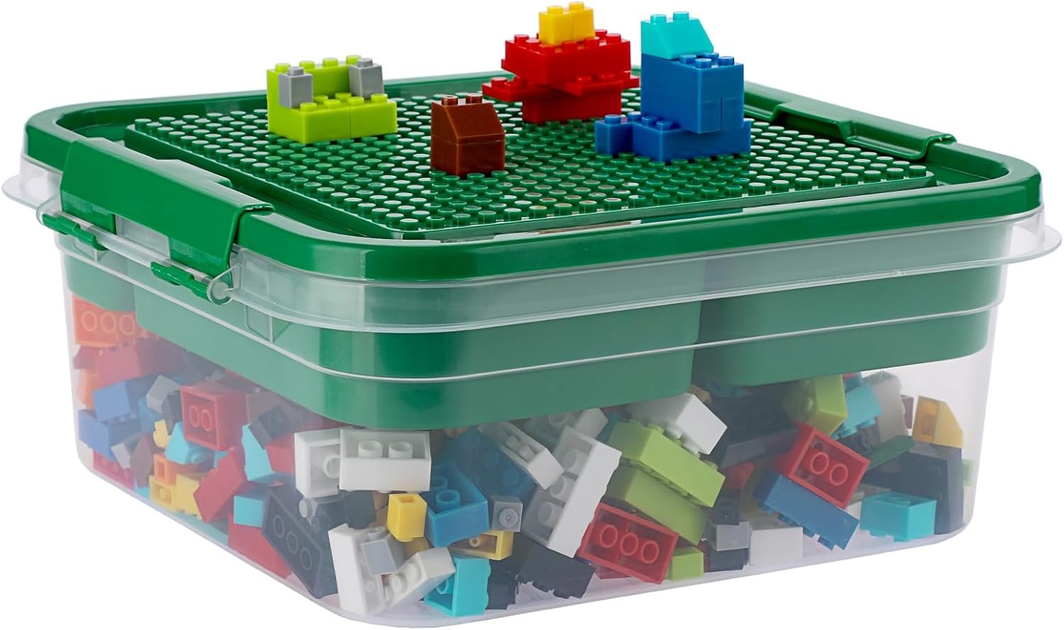 Toy Organizer with Bricks Baseplate Lid for Building Blocks, Bricks Building Set Organization Bin with Compartments Tray, Stackable Storage Box Building Block Chest Case (Green)