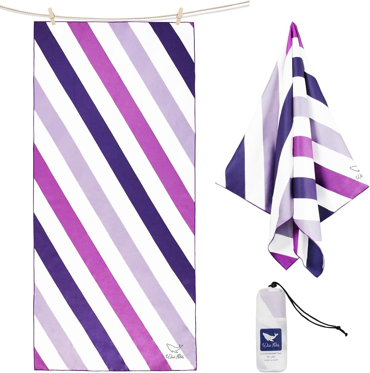 Whale Flotilla Large Quick Dry Beach Towel (30″x60″), Microfiber Sand-Free Beach Towels, Super Absorbent Compact Pool Travel Accessories, Purple