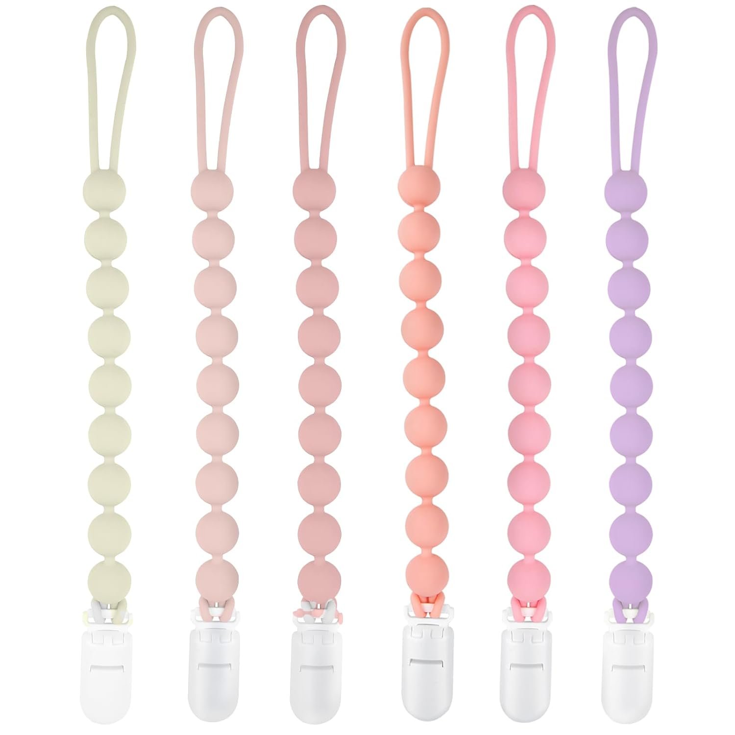 MINMUNJIU Silicone Pacifier Clip Holder, 6 Pack One Piece Soft Flexible Binky Clips Pacifier Holder Clip for Girls, Baby Girl Newborn Essentials
