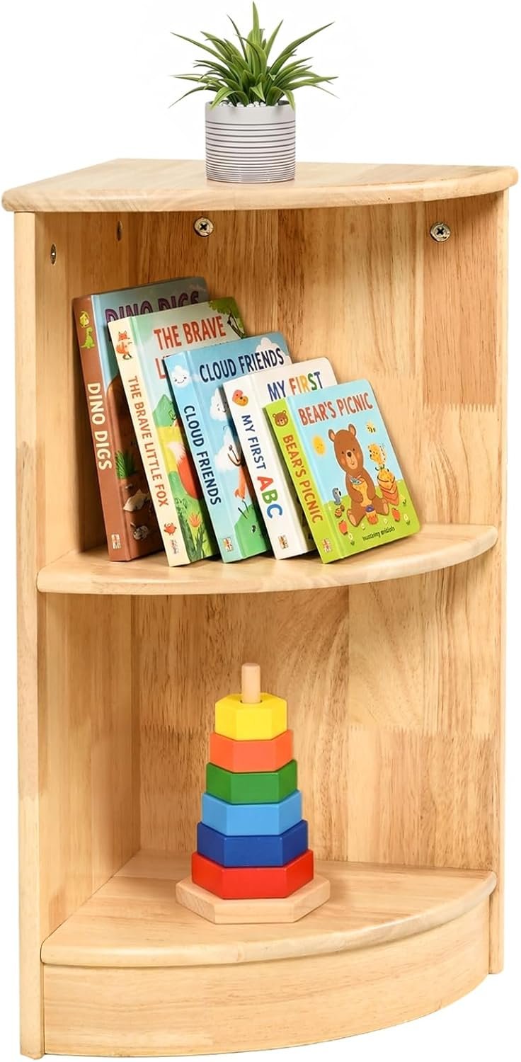 WINGYZ Rubber Wood Corner Cabinet, 2-Tier Montessori Shelf, 2 Shelf Bookcase Toy Storage Organizer, Montessori Bookshelf for Kids Rooms, Classroom, Playroom, Nursery, Daycare, Child-Safe