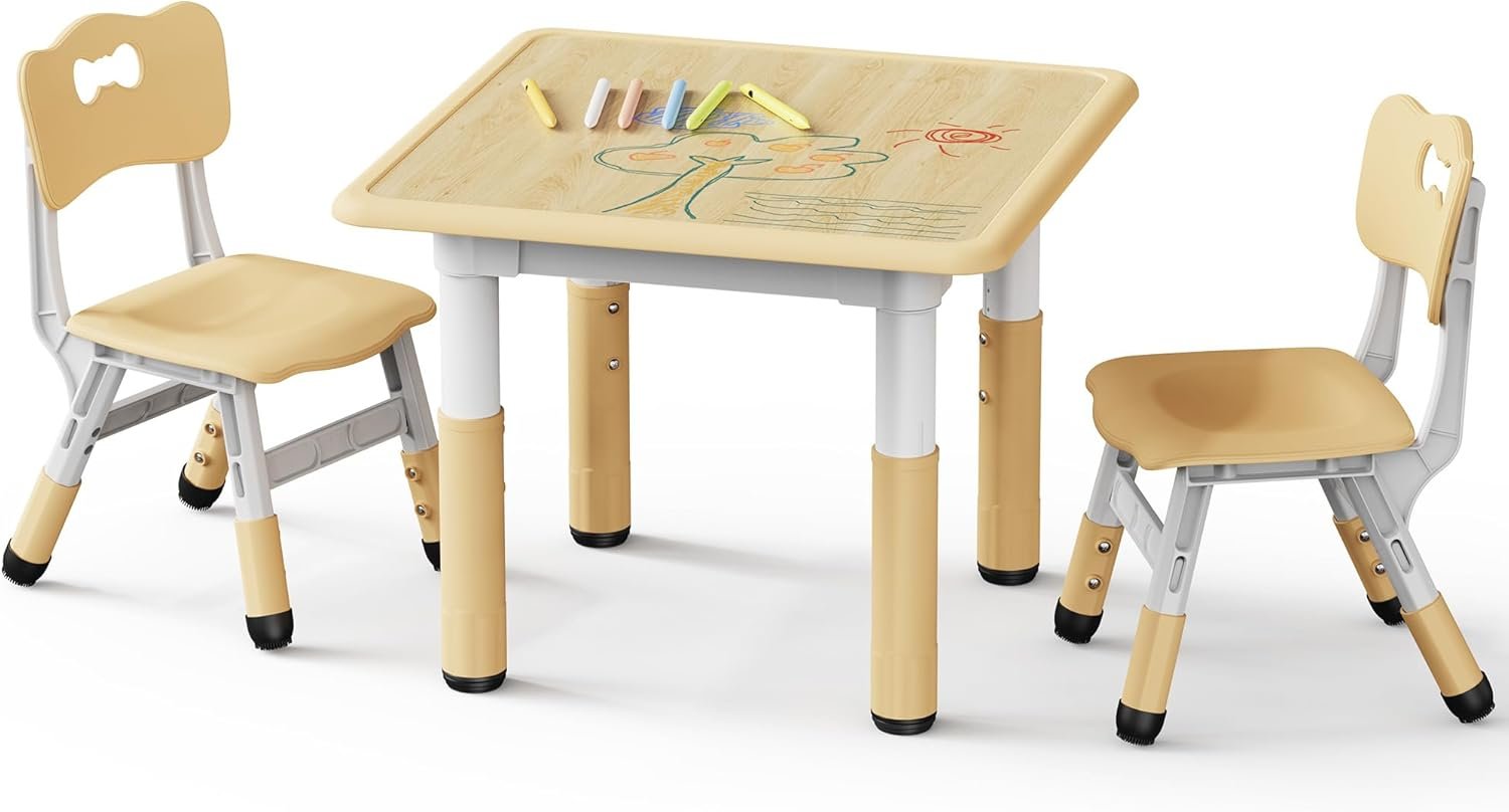 Brelley Kids Table and 2 Chairs Set, Height Adjustable Toddler Desk and Chair Set, Graffiti Desktop, Classroom/Daycare/Home, Children Multi-Activity Table for Ages 3-8