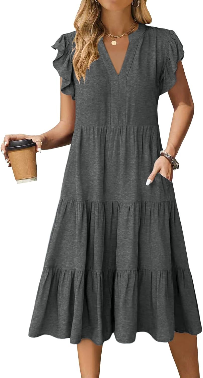 Womens Summer Dress Ruffle Sleeve V Neck Midi Casual Dresses Flowy Tiered Boho Sundress with Pockets