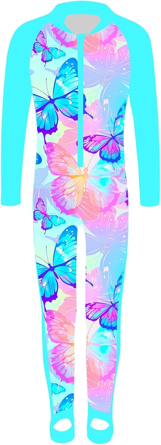 TFJH E Girls Long Sleeve One Piece Swimsuit UPF 50+ Front Zipper Rash Guard Stirrup for Beach