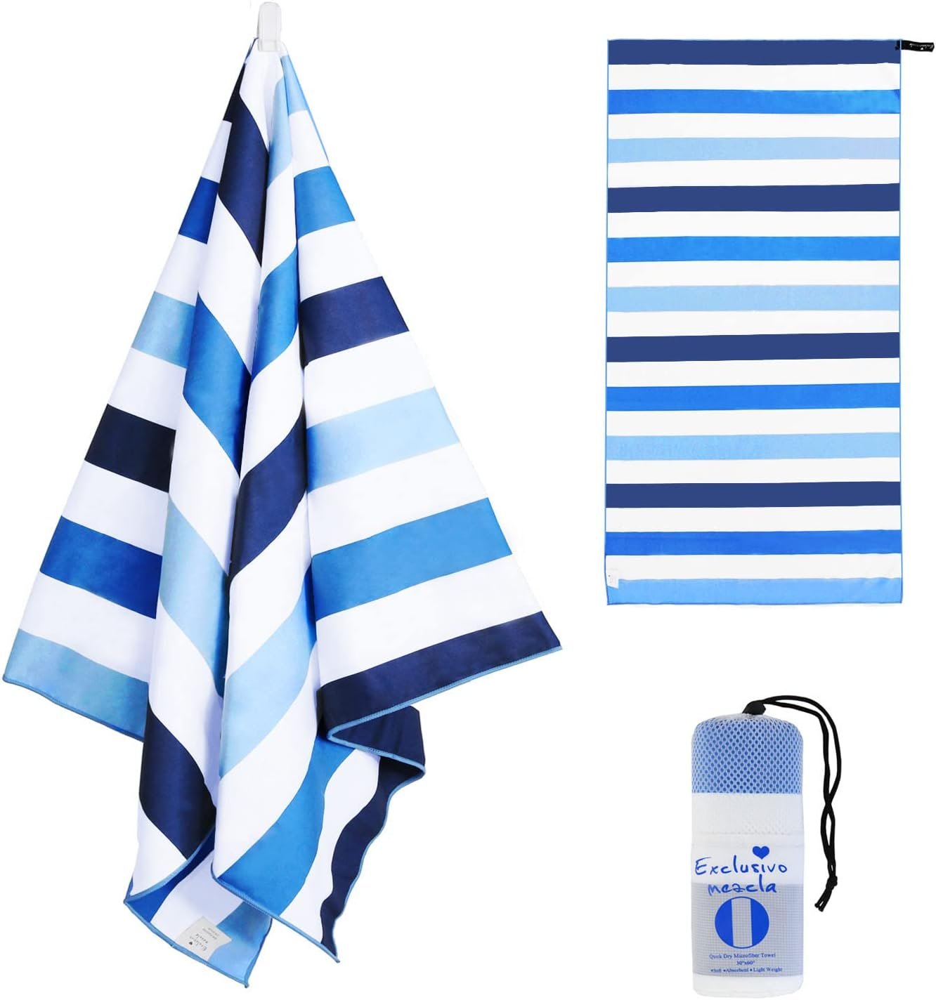 Exclusivo Mezcla Quick Dry Beach Towel, Large Lightweight Sandfree Pool Towel for Swimming Camping Travel with Bag (Blue, 30×60 Inches)