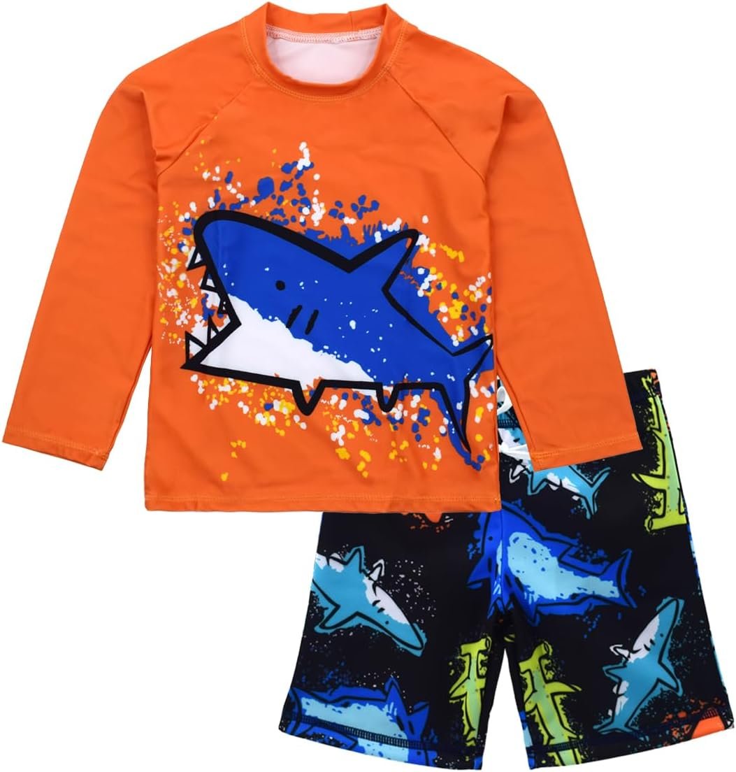Boys UPF 50+ Long Sleeve Rash Guard and Swim Trunks Outfit Set Toddler to Big Boy Sizes (3-11Years)