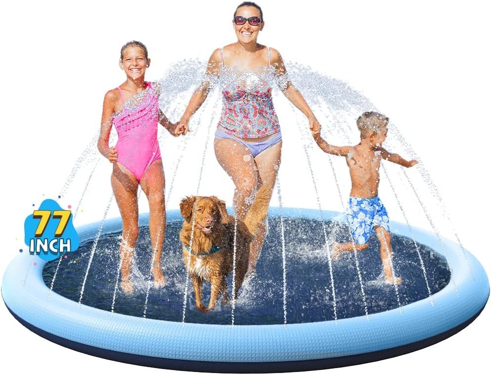 VISTOP Non-Slip Splash Pad for Kids and Dog, Thicken Sprinkler Pool Summer Outdoor Water Toys – Fun Backyard Fountain Play Mat for Baby Girls Boys Children or Pet Dog (77 inch, Blue&Blue)