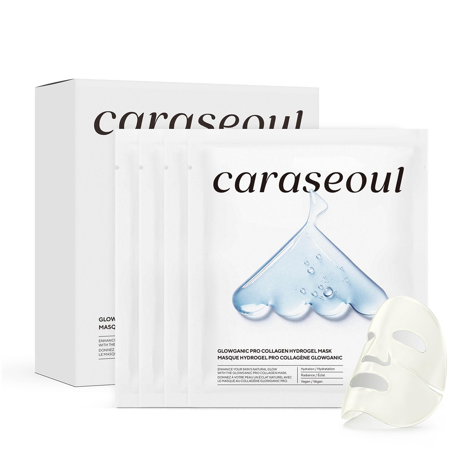 caraseoul Glowganic Pro Collagen Face Mask, Hydrogel Korean Face Mask with Niacinamide & Adenosin, Radiance Boost, Hydrating Overnight Sleep Mask, Vegan, Korean Skin Care [1.19oz (34g) x 4ea]