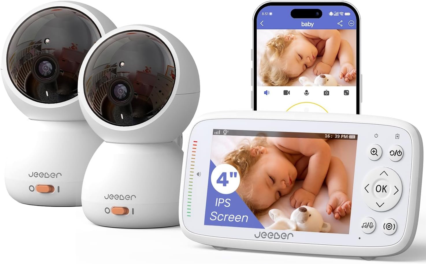 1080P WiFi Baby Monitor with 2 Camera and Audio, Pan-Tilt-Zoom Video Camera, 4” IPS Screen, HD Night Vision, Motion & Cry Detection, 360° View, Temperature Sensor, Feeding Reminder, Lullabies