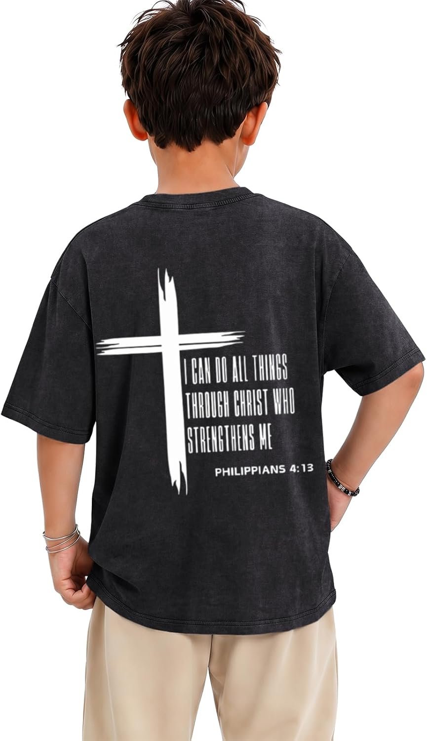 Christian Jesus Shirts for Boys Religious Bible Verse T Shirts Kids Faith God Vintage Acid Wash Cross Graphic Tees