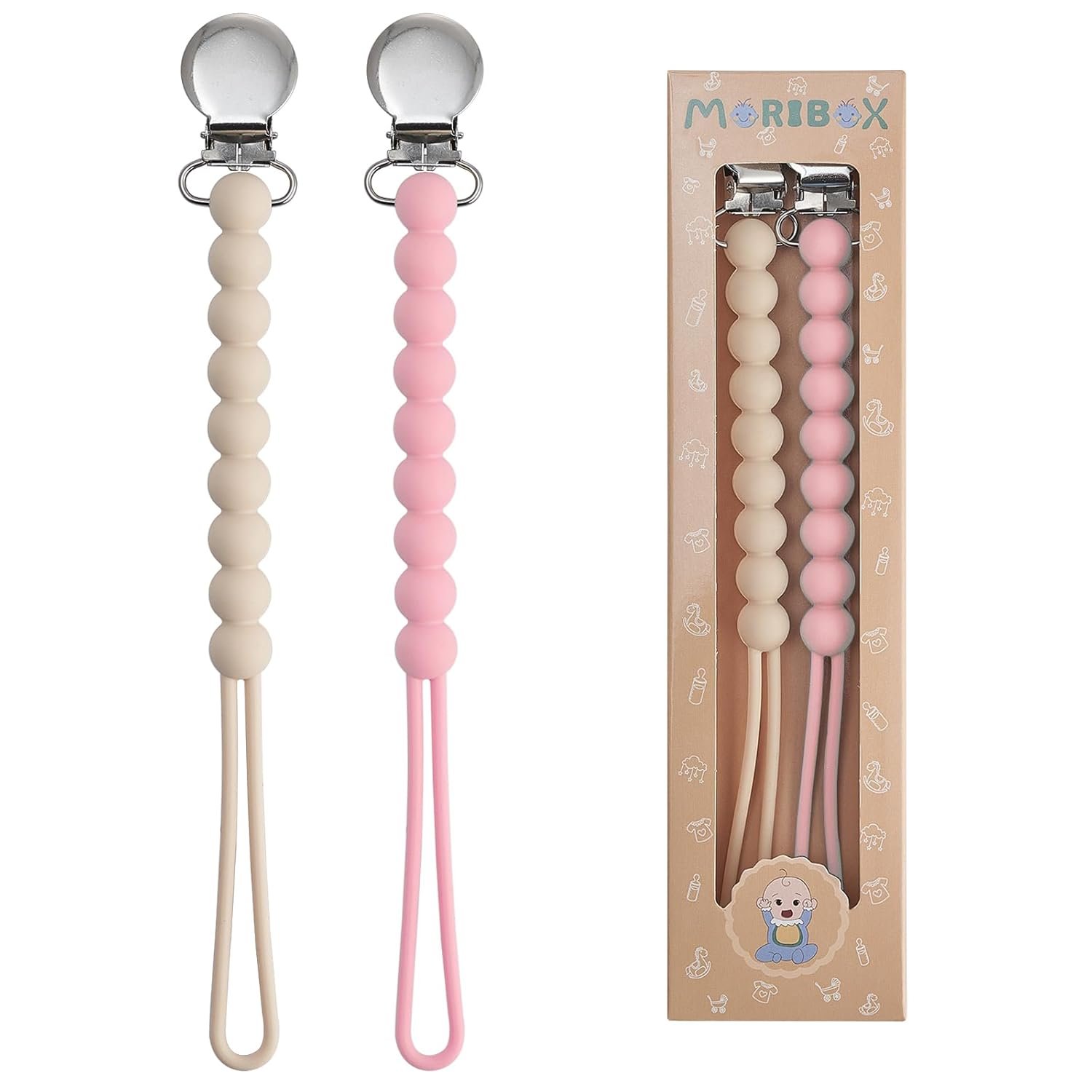 Pacifier Clip for Boys Girls – MORIBOX Paci Clip Soothe Baby Binky Holder for Shower Birthday Gift 2 Pack