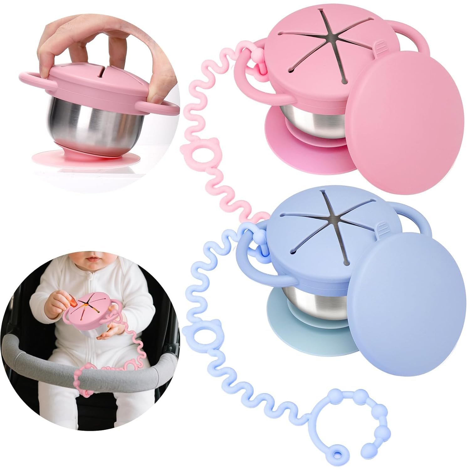 Palksky Toddler Snack Cups Stainless Steel for Kids, 2 Pack 5-in-1 Snackle Containers with Spill-Proof Silicone Lids,Handles,Suction Base,Anti-Loss Tether, Baby Snack Box No-Spill for On-the-Go,Travel