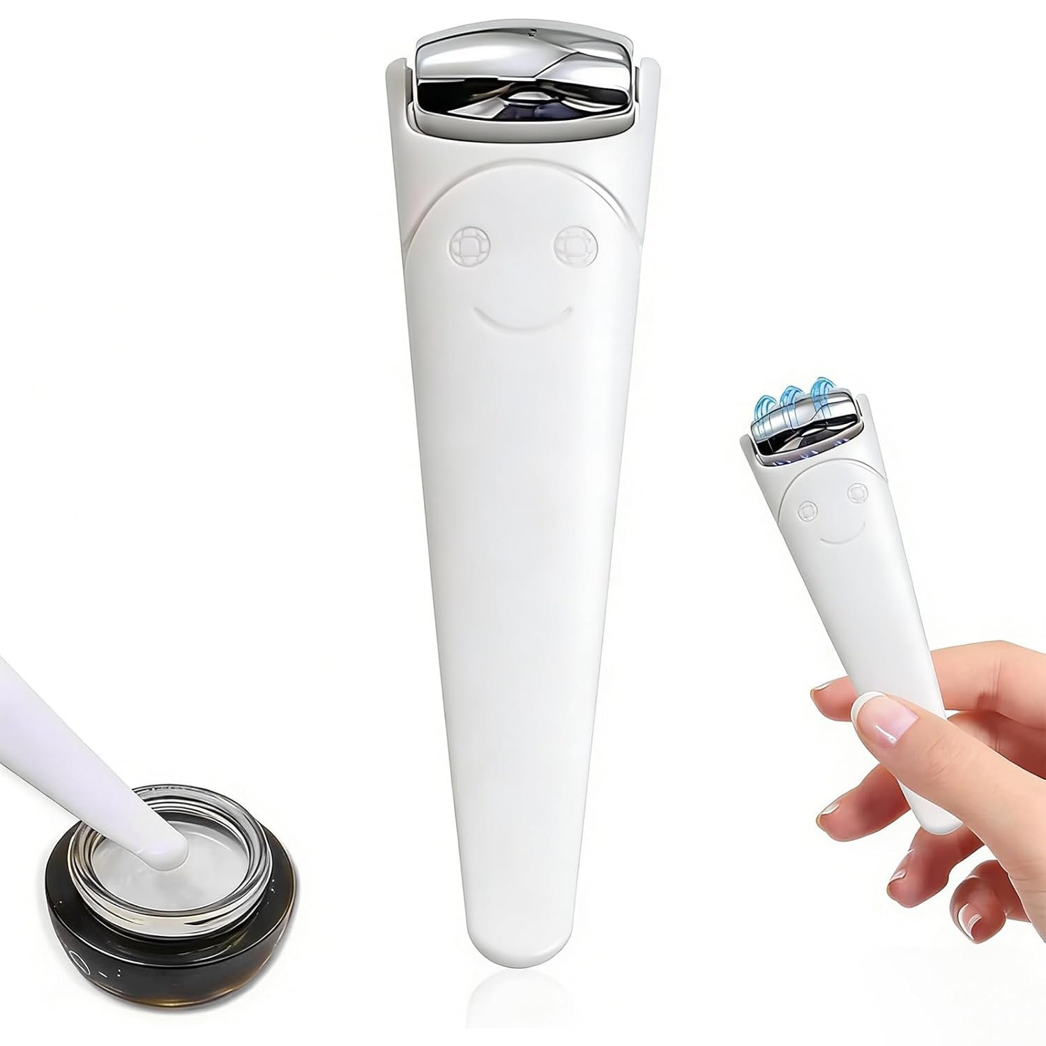 Mini Stainless Steel Ice Roller for Face & Under Eye, Travel Size Cooling Facial Massager for Puffiness, Dark Circles Relief, 2-in-1 Skincare Tool with Product Scoop, White