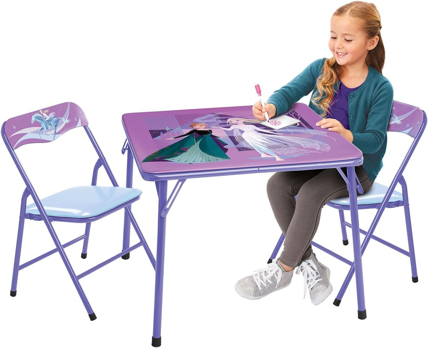 Disney Frozen Kids Folding Table & Chairs Set for Kid and Toddler 36 Months Up to 7 Years, Includes: 1 Table (24″ L x 24″ W x 20″ H), 2 Chairs (13″ L x 13.5″ W x 21″ H) Weight Limit: 70 lb