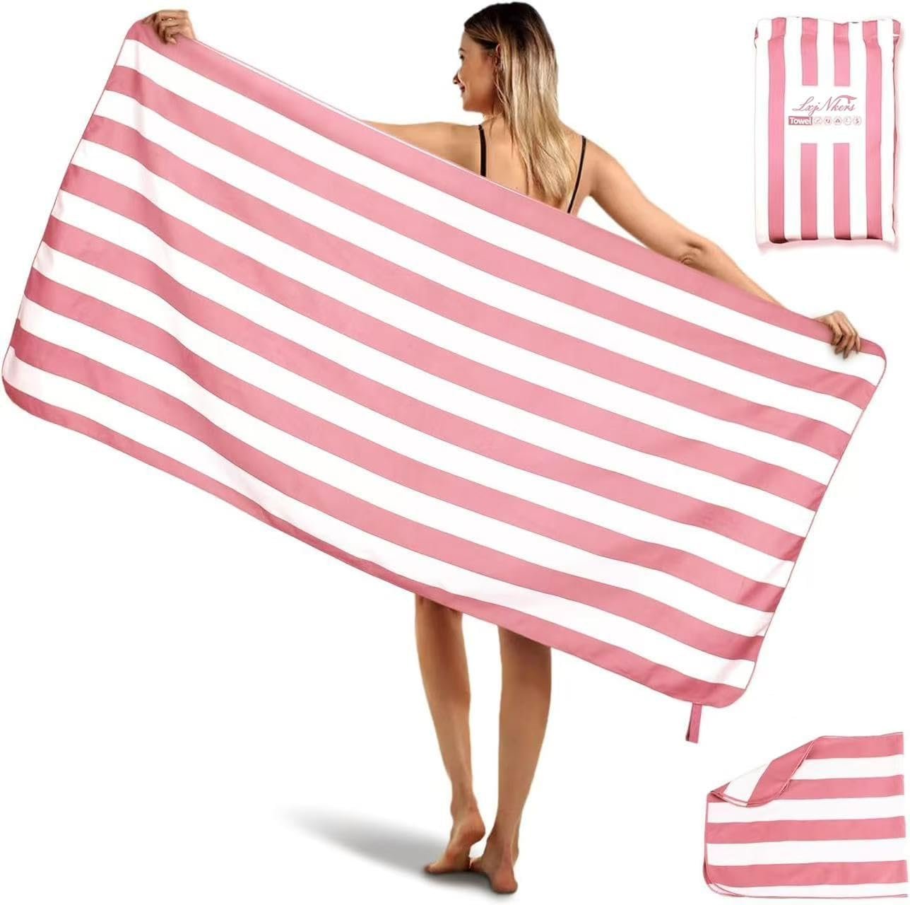 2-Pack Microfiber Beach Towels Set (63″x31.5″ + 31.5″x16″) | Oversized Quick Dry Sand Free Travel Towel for Beach Pool Gym Camping (Pink)