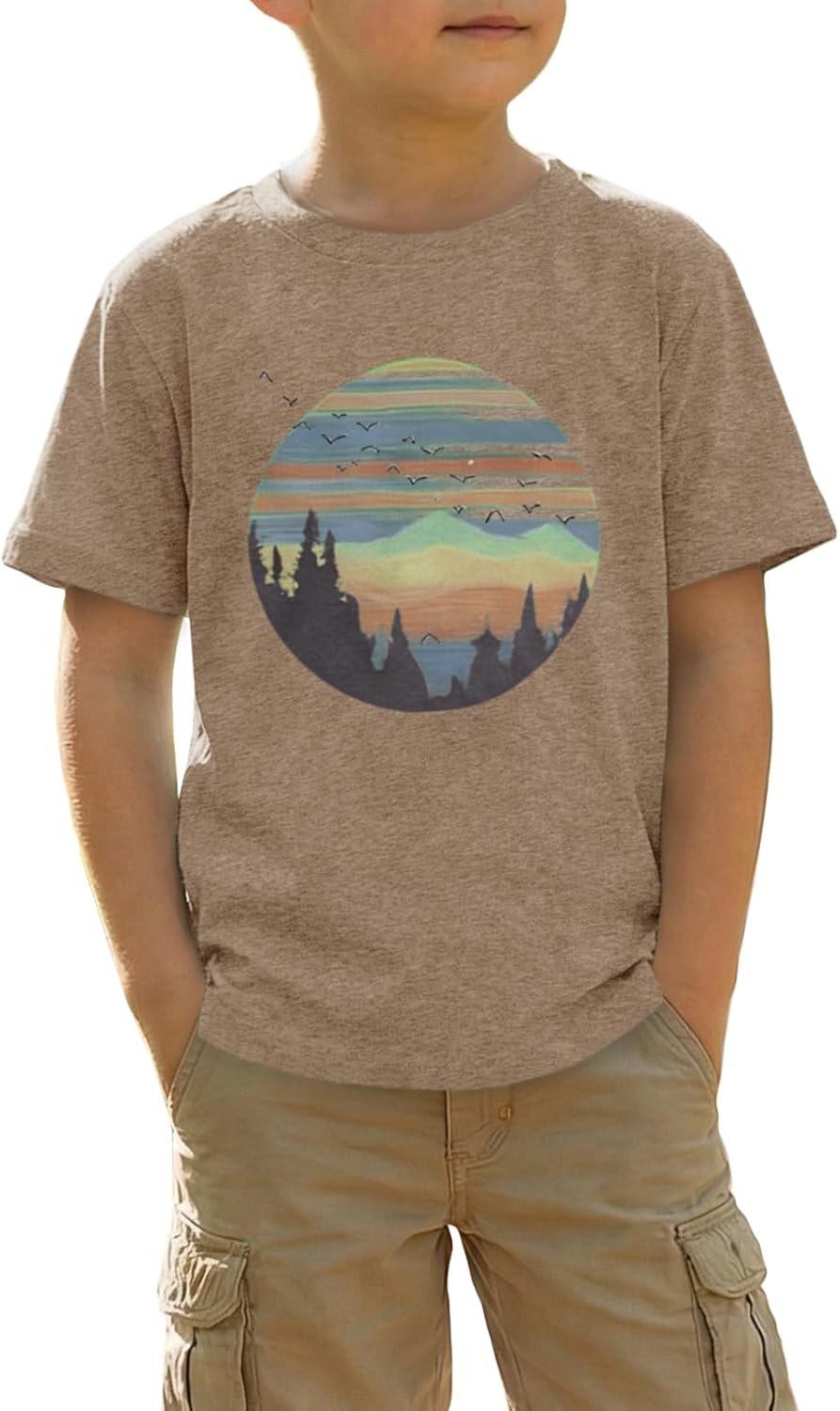 Boys Mountain Nature T-Shirt Kids Retro Sunset Forest Graphic Tee Short Sleeve Casual Hiking Camping Outfit