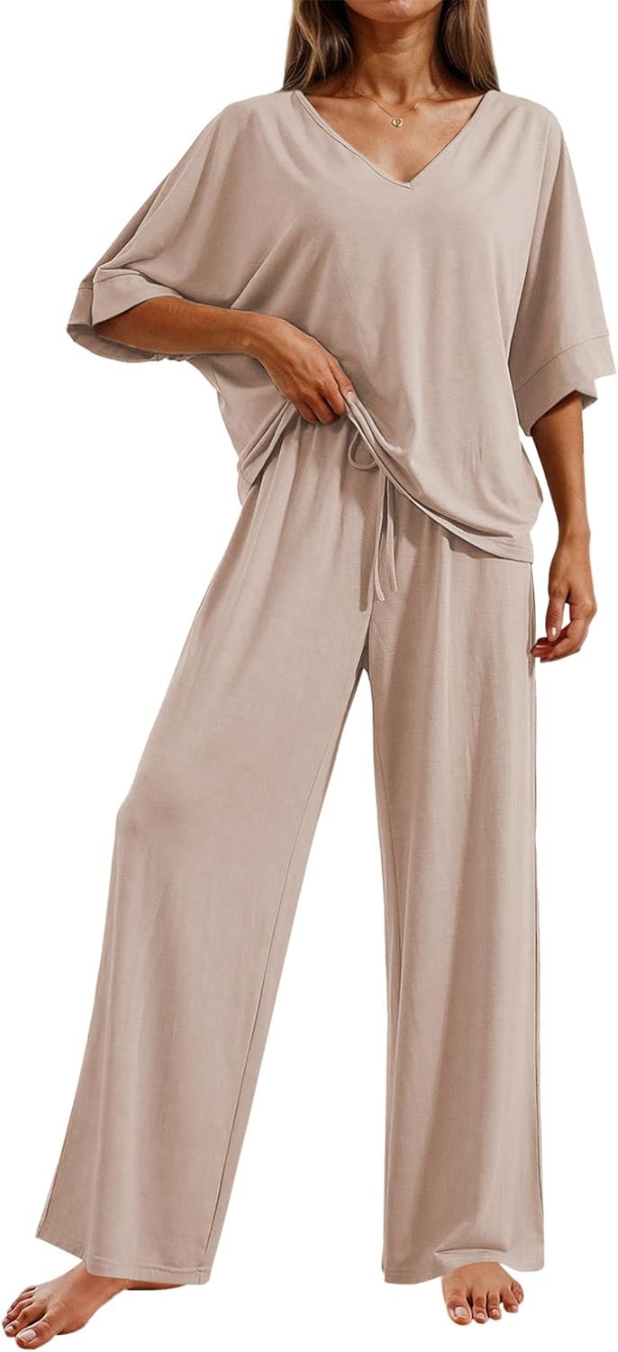 Ekouaer Pajama Sets for Women 2 Piece Lounge Set Short Sleeve Tops and Long Pants Soft Comfy Pjs Sleepwear Outfits S-XXL