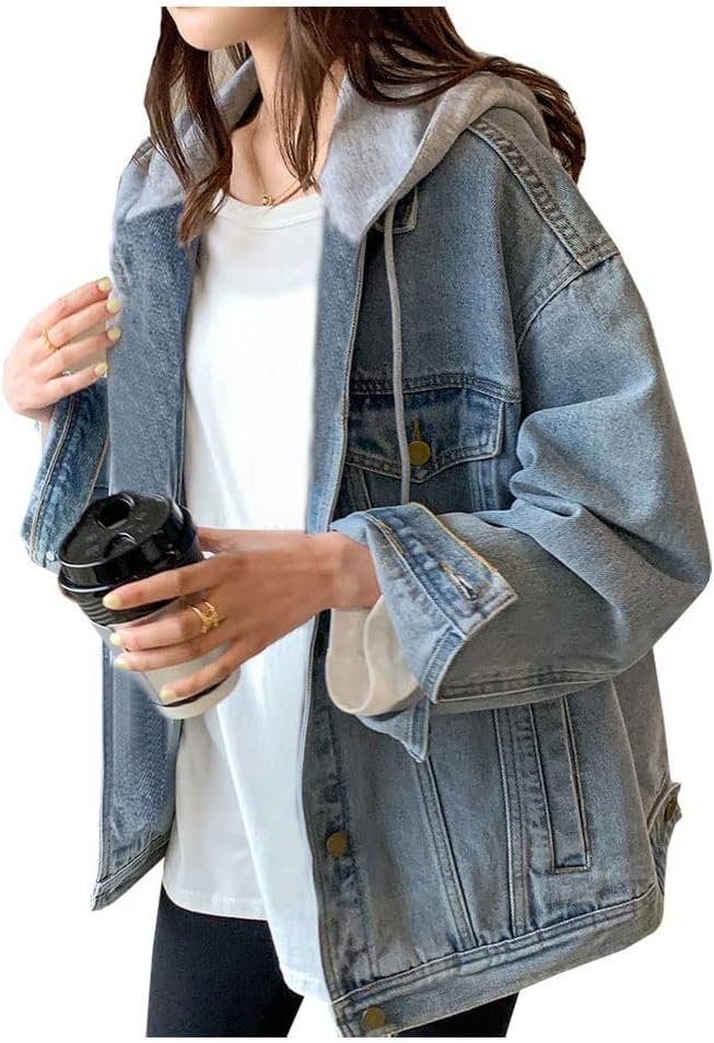 LifeShe Women’s denim jacket with hood oversized distressed jean jackets hoodie