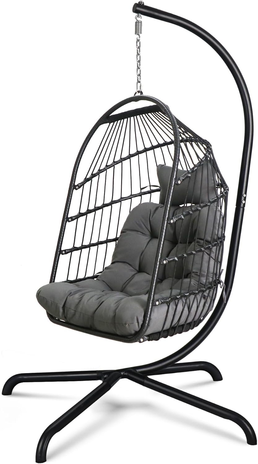 Chihee Egg Chair with Ultra Strong Stand and Cushion Foldable Wicker Rattan Hanging Chair Indoor Outdoor Patio Lounging Chair 330 lbs Capacity Balcony Porch Bedroom Garden