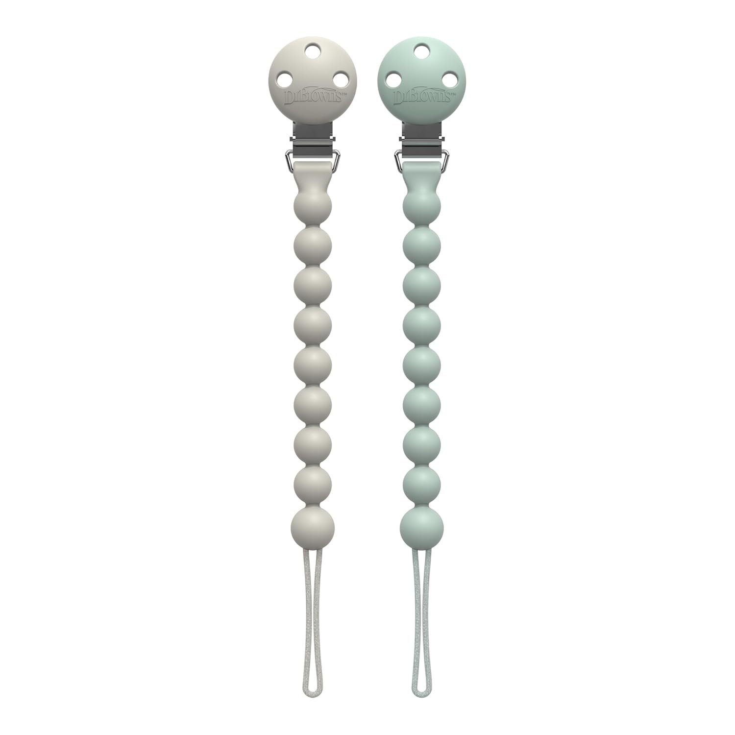 Dr. Brown’s Silicone Pacifier Clips, Universal Fit Strap for Pacifiers, Green/Gray, BPA Free, 0-18 Months, 2-Pack