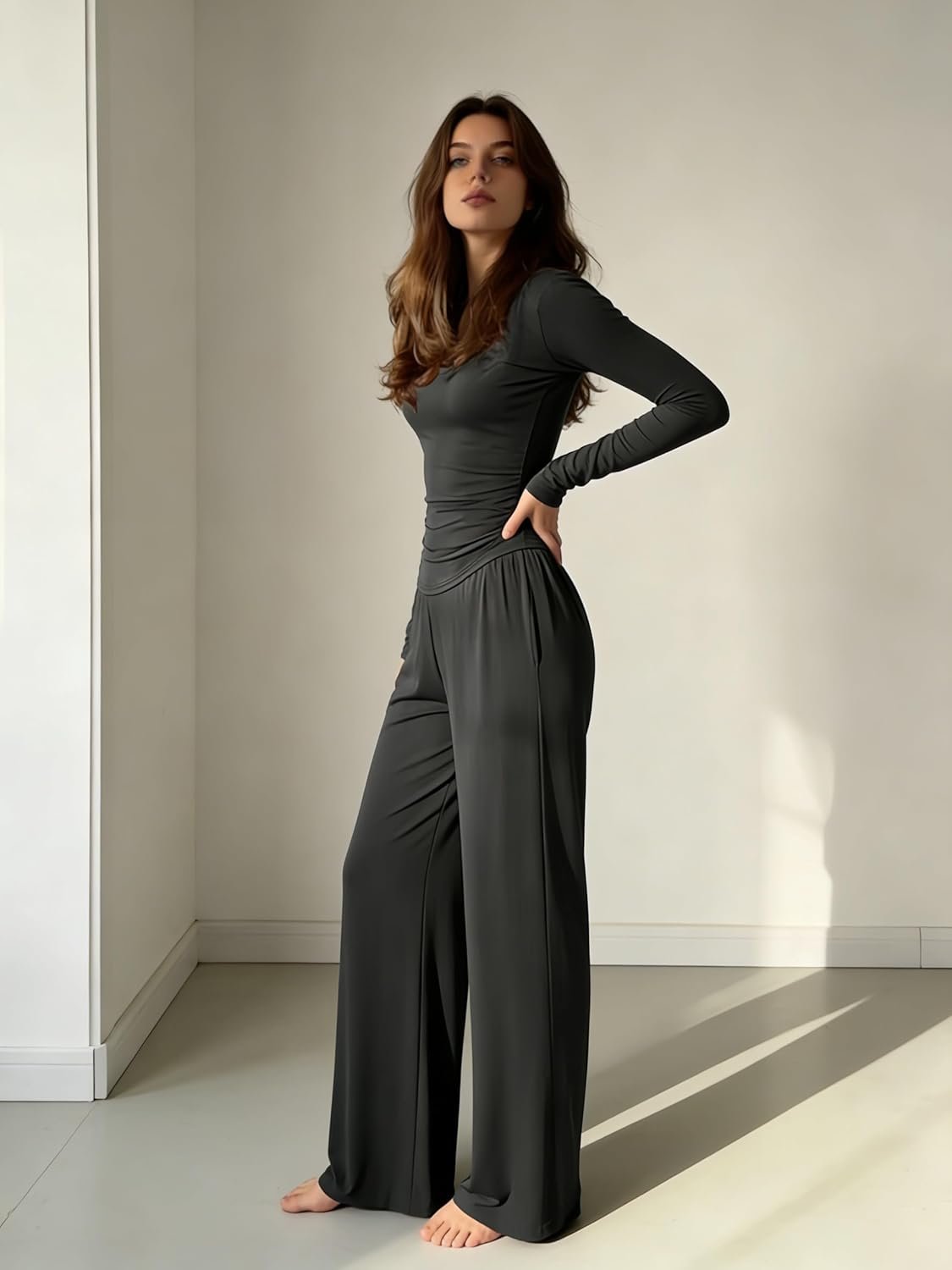 Women’s Long Sleeve Lounge Set Fitted Top and Wide Leg Pants Two Piece Homewear