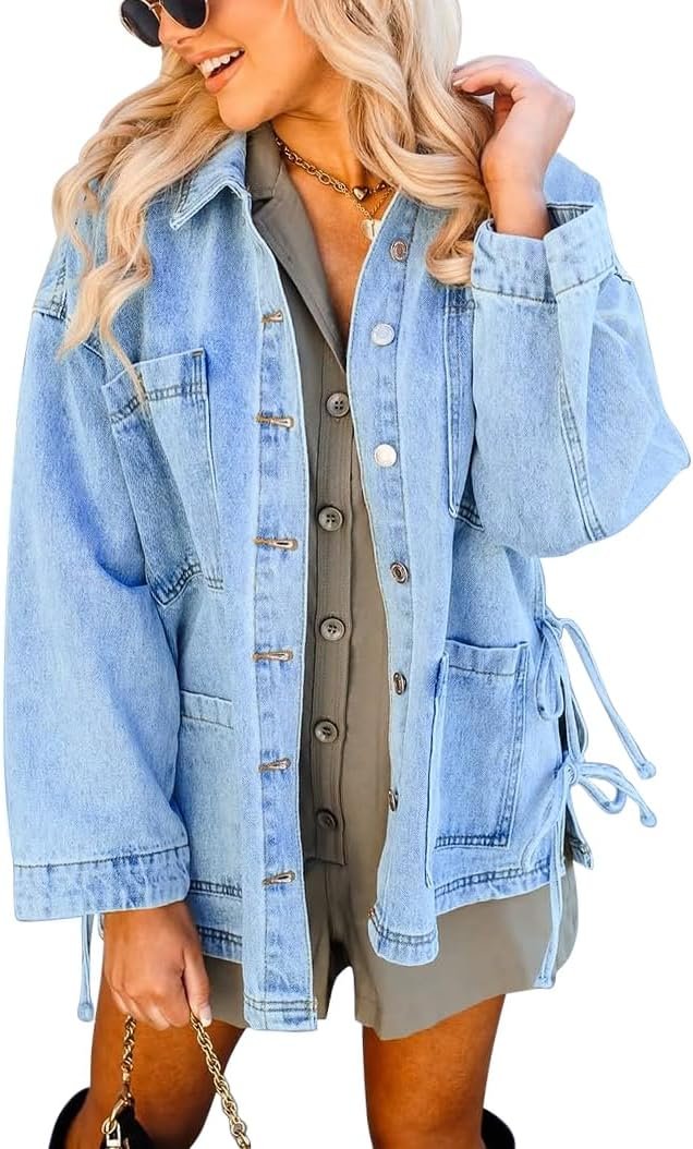 PHISOCKAT Side Tie Bow Jean Jacket Oversized Denim Jacket for Women Button Down Denim Jackets with Pockets 2025