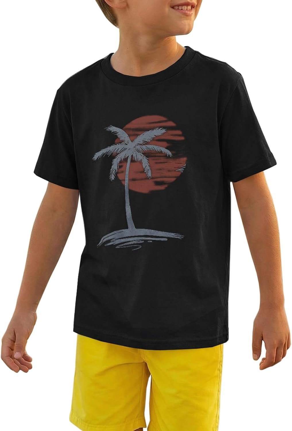 Kids Palm Tree Sunset T-Shirt Boys Retro Beach Graphic Tee Short Sleeve Casual Summer Vacation Outfit 5-14