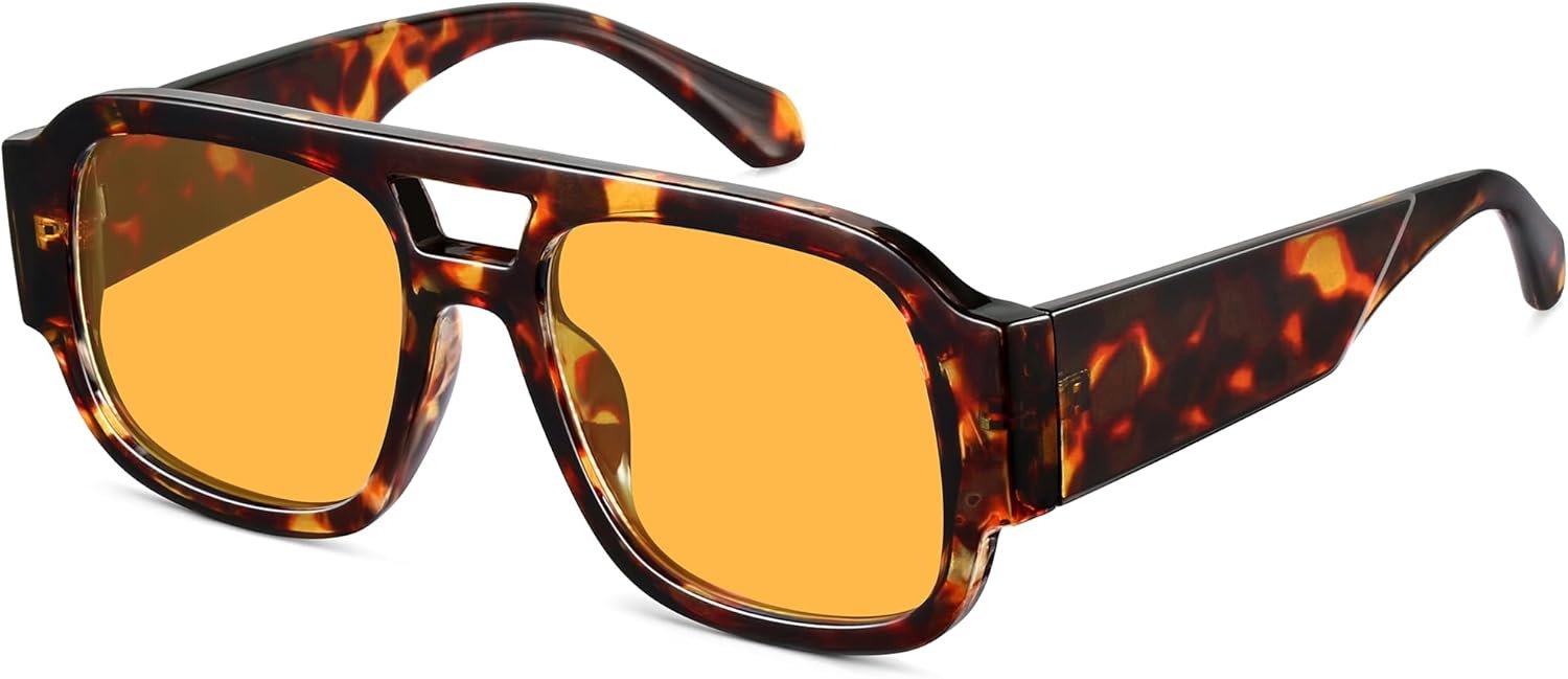 Square Aviator Sunglasses for Women Men Retro 70s Chunky Double Bridge Glasses Trendy Flat Top Y2K Shades