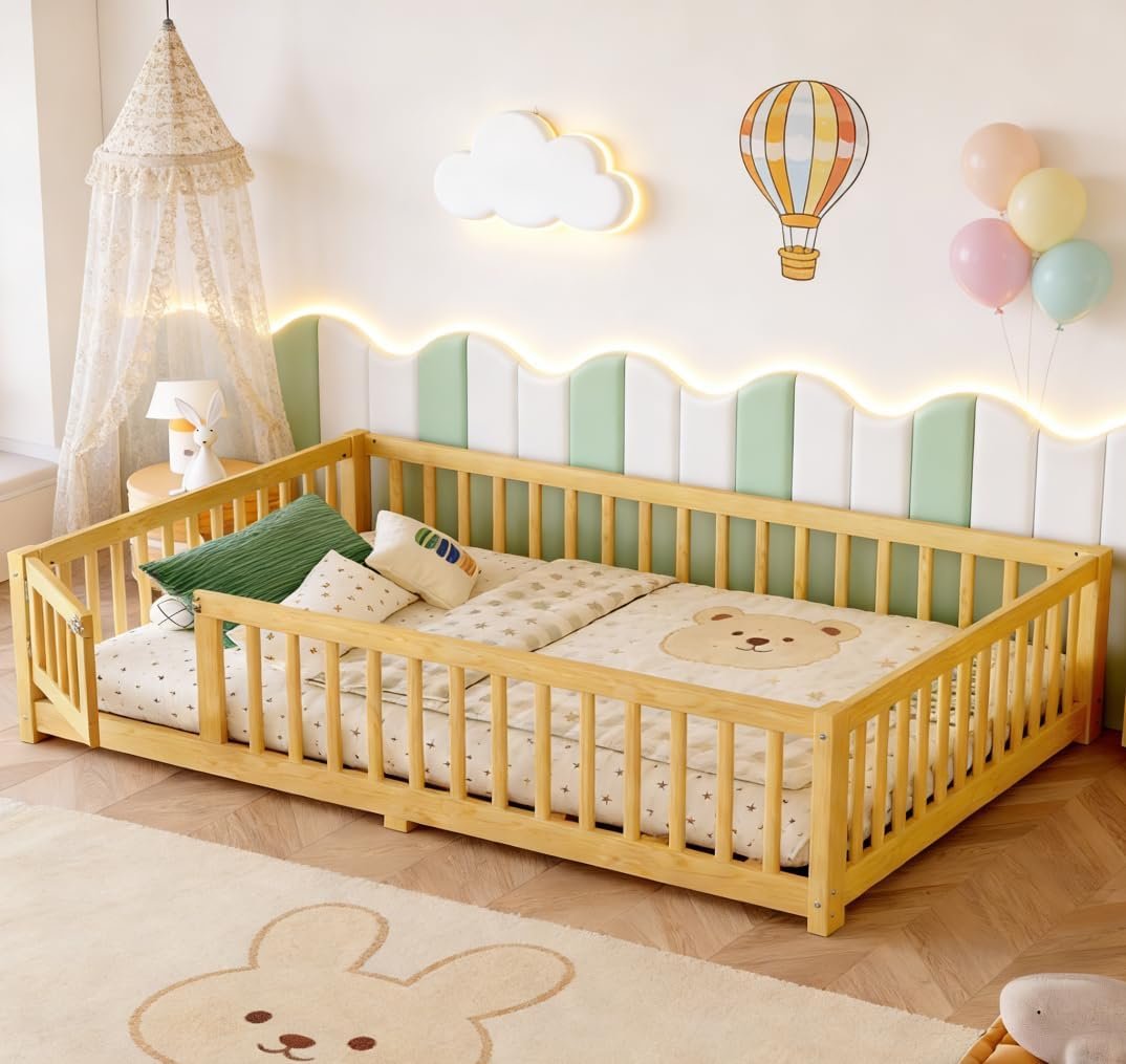 Bellemave Full Size Montessori Floor Bed with Rails, Pine,Montessori Floor Bedwith slats and a Small Door, Natural