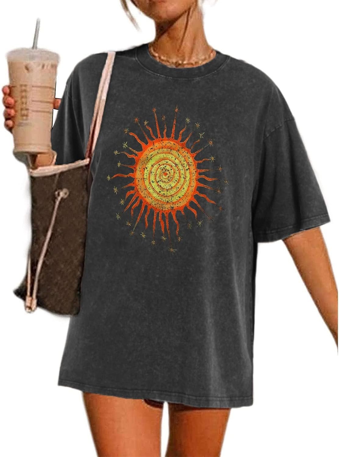 Wrenpies Vintage Oversized Sun Aesthetic Graphic Tees Distressed Band T Shirts for Women Boyfriend Baggy Casual Shirt Tops