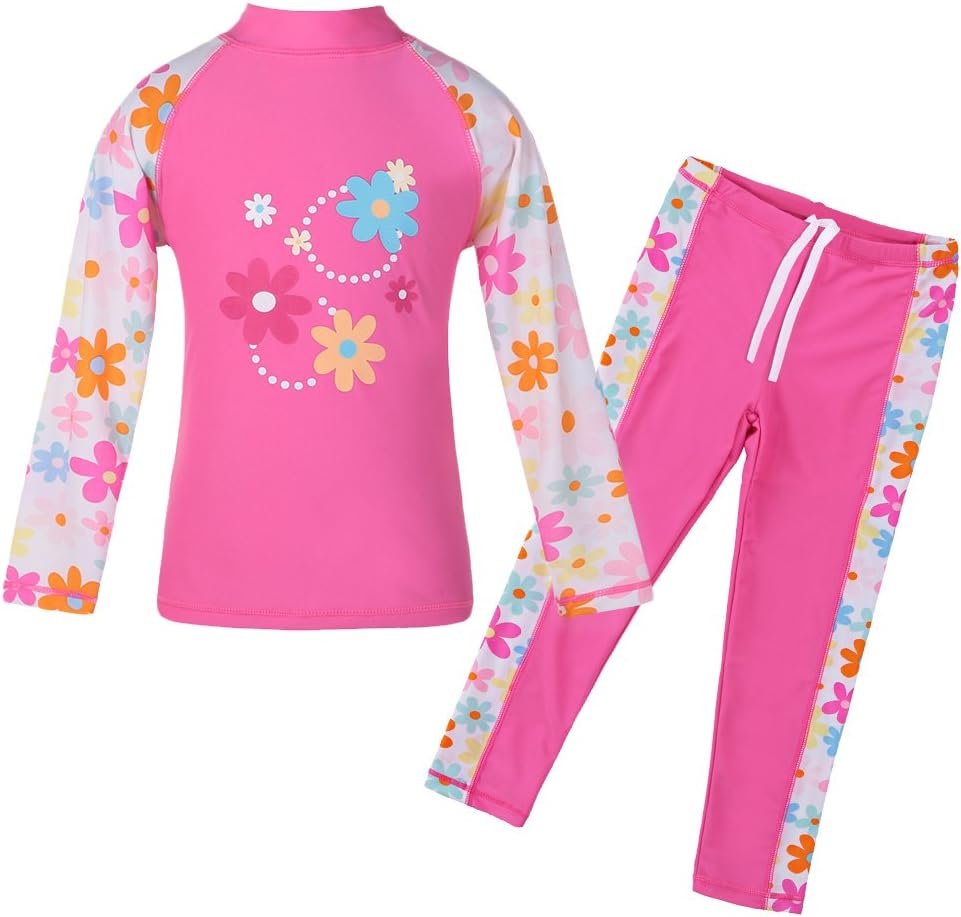 TFJH E Girls Two Piece Swimsuit Long Sleeve Long Pants UPF 50+ Rash Guard for Ages 3-12 Beach