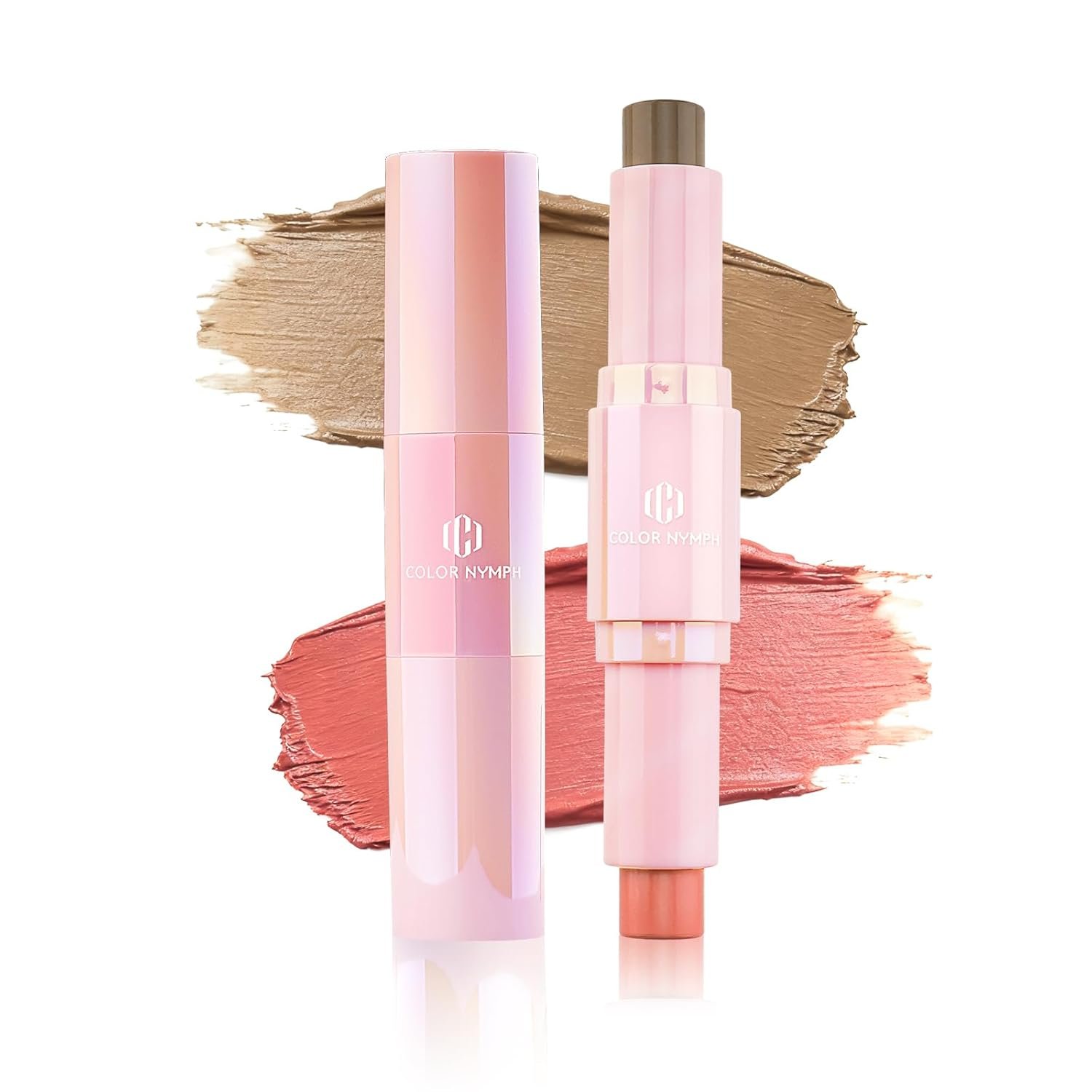 Color Nymph Cream Blush Contour Stick, Double-end Makeup Stick Multiuse Blush Butter Bronzer For Cheeks Eyes Lip Matte Finish Vegan & Cruelty-Free – 02# Brandy Peach