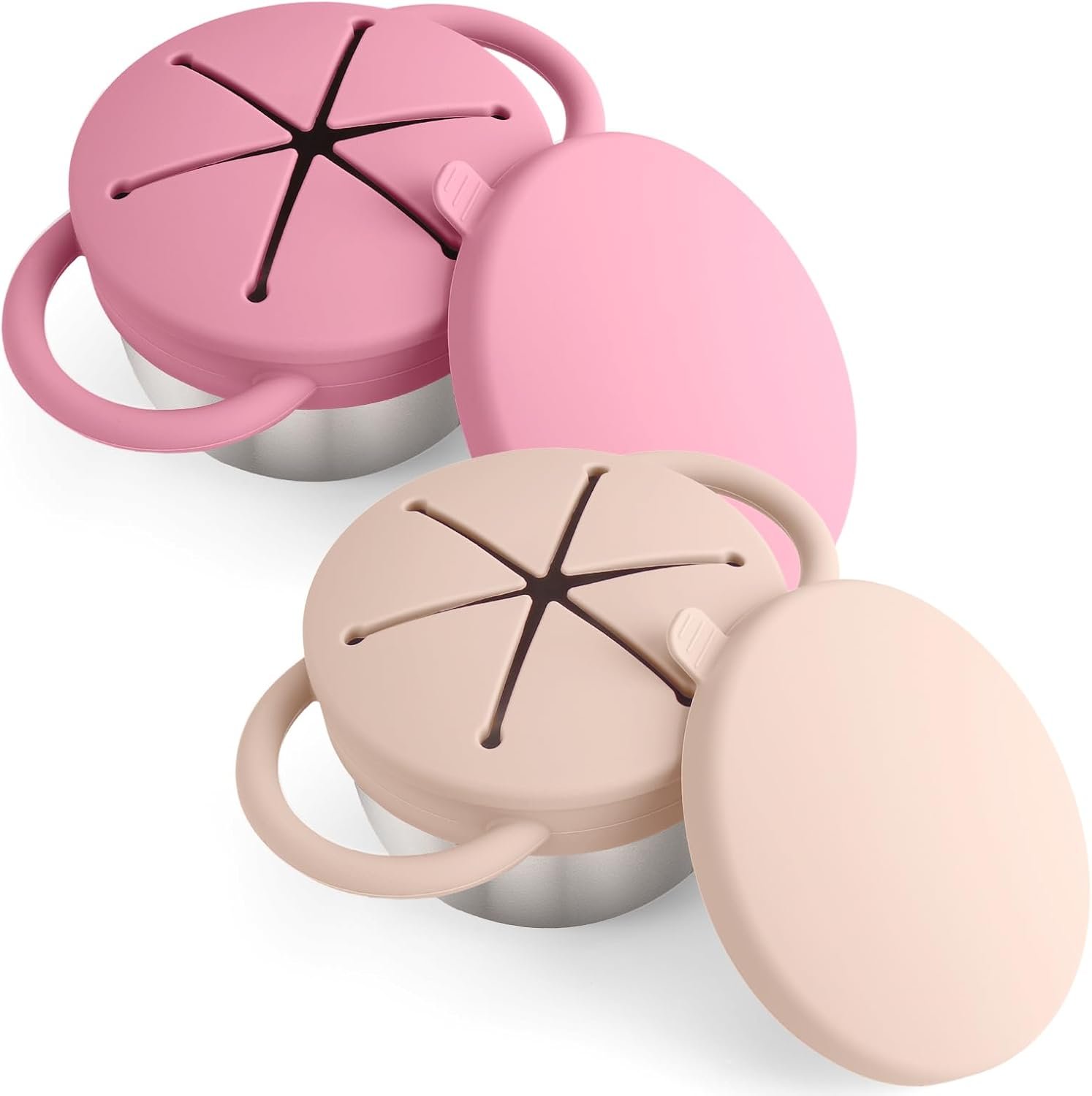 Mity rain Stainless Steel Snack Containers for Toddlers with Spill-Proof Silicone Lids Handles – 3-in-1 Baby Snack Cups, No-Spill Toddler Snack Box (Pink+Yellow, Two piece set)