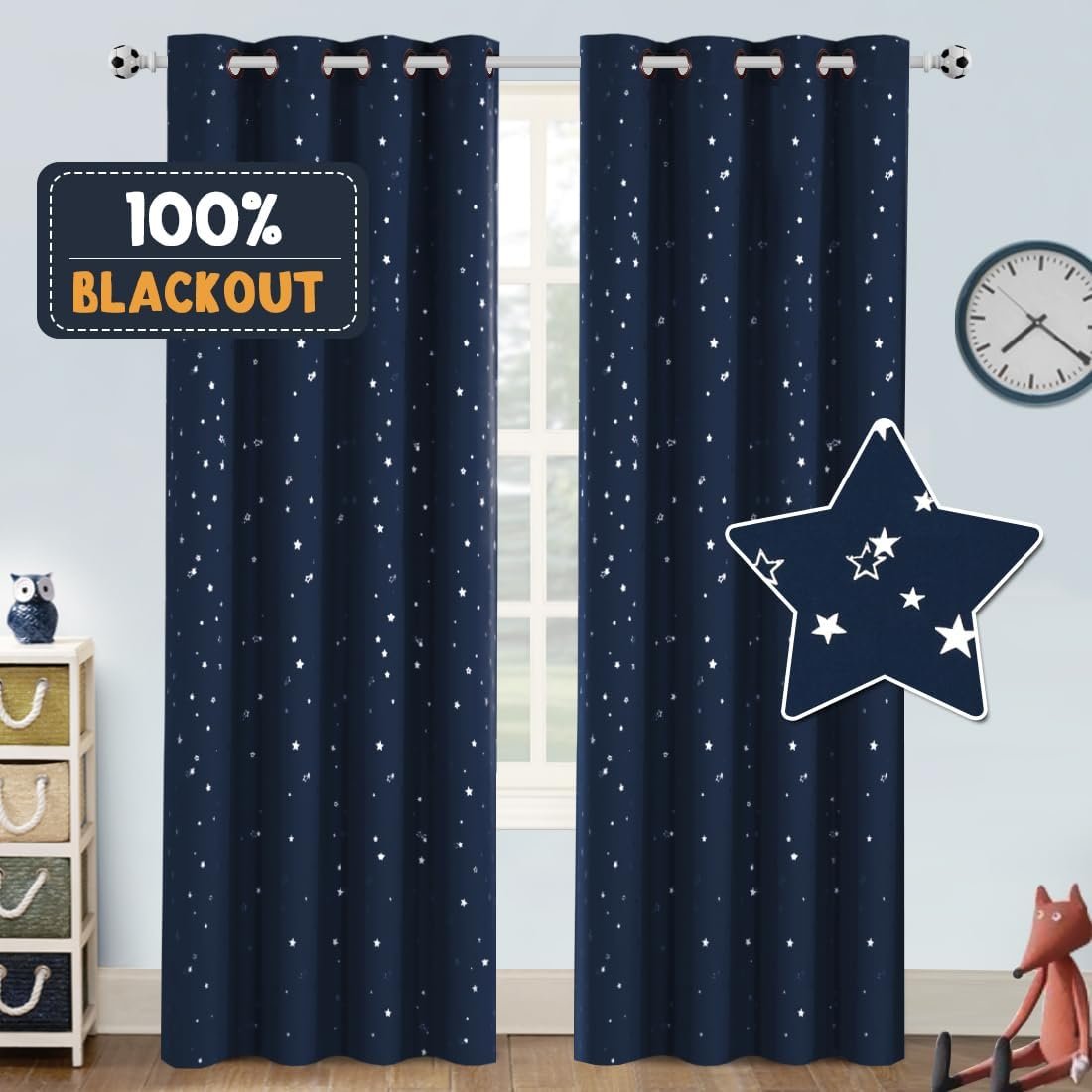 PrinceDeco Blackout Kids Curtains for Bedroom Thermal Insulated Silver Twinkle Star Curtains for Boys Antique Grommet Top Window Treatment 2 Panels Drapes for Nursery (52″ W x 84″ L, Navy/Silver)
