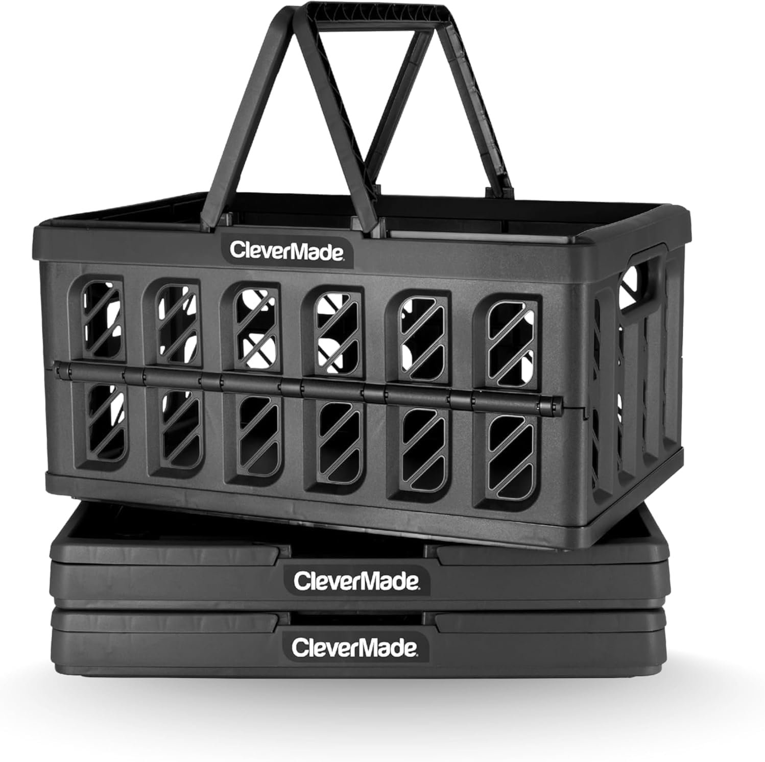 CleverMade Collapsible Shopping Basket with Handles – 24L 3 Pack Collapsible Grocery Tote, Plastic Storage Baskets Fold Flat, Stackable Collapsible Storage Bins for Car & Home – Obsidian