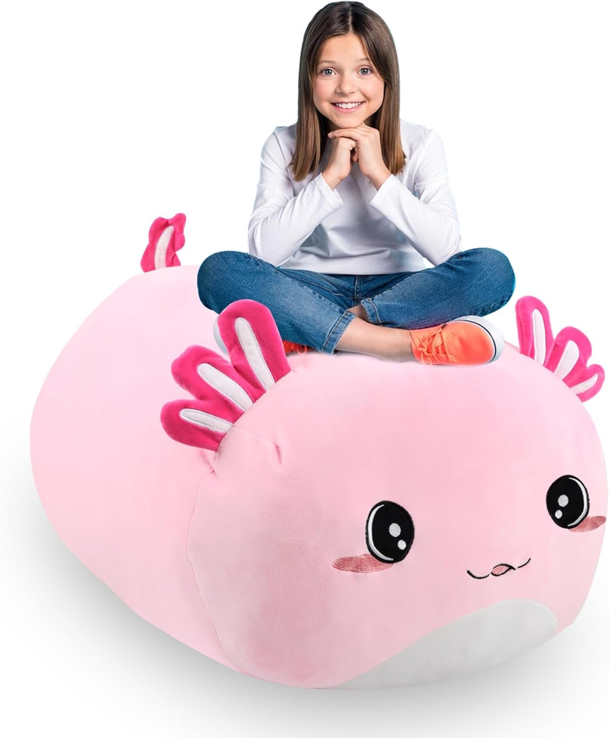 Stuffed Animal Storage Bean Bag Chair Cover for Cute Large Beanbag Bedroom Décor Organizer Cover, No Beans – Pink Axolotl