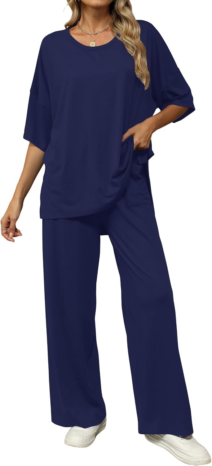 KevaMolly 2 Piece Lounge Set for Women Postpartum Oversized Tops and Wide Leg Pants Soft Comfy Pajamas Set 2 Piece Outfits