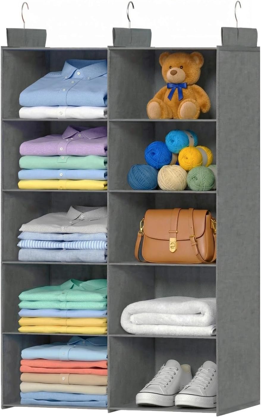 ALLTIDYUP Grey 5-Tier Hanging Closet Storage Organizer – Space-Saving Dual-Row Foldable Shelves with 3 Hooks, Wardrobe Organizer for Dorm, Bedroom, Clothes and Accessories