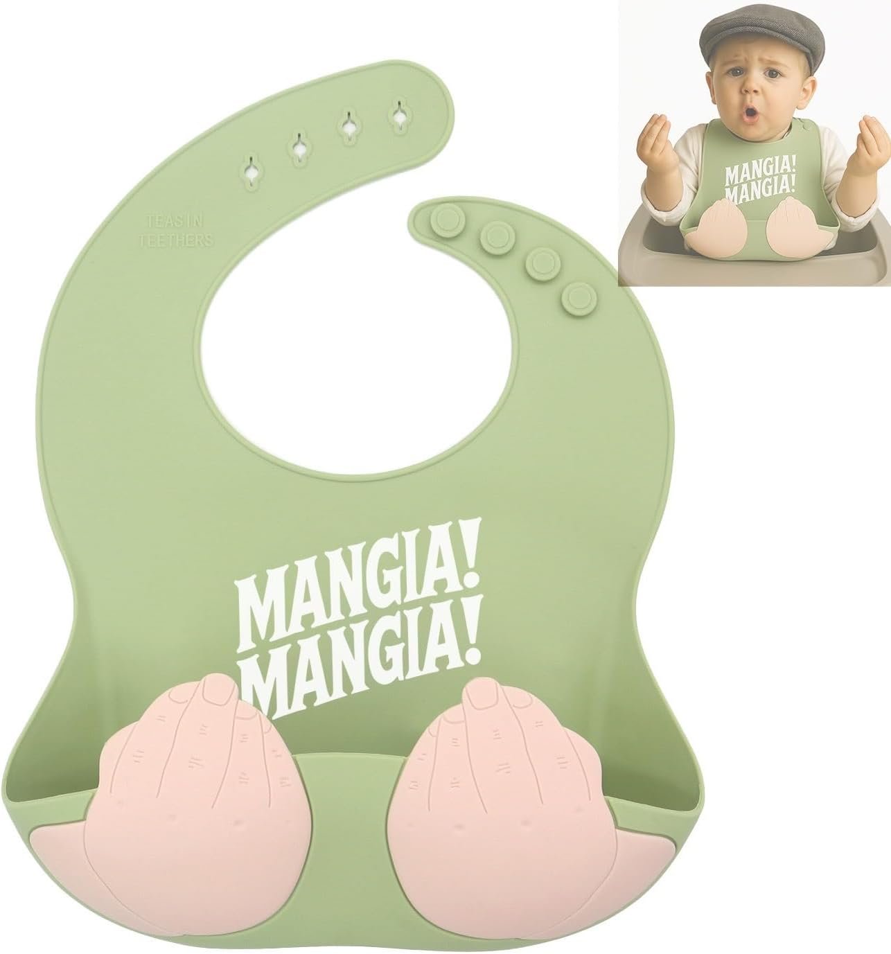 Teasin’ Teethers Funny Italian Silicone Baby Bib with Pocket Food Catcher for Toddlers and Infants Funny Baby Bib Gift