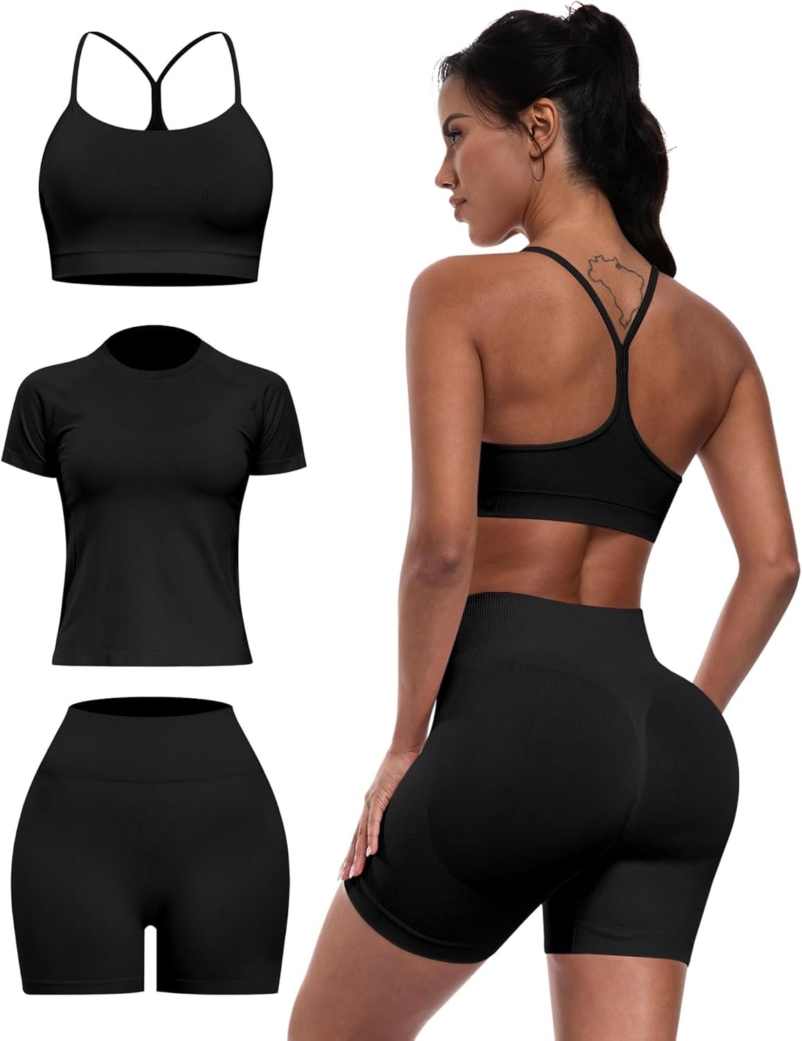 Women 3 Piece Workout Sets Seamless Running Tops Athletic Gym Yoga Short Y Back Sports Bras Outfits