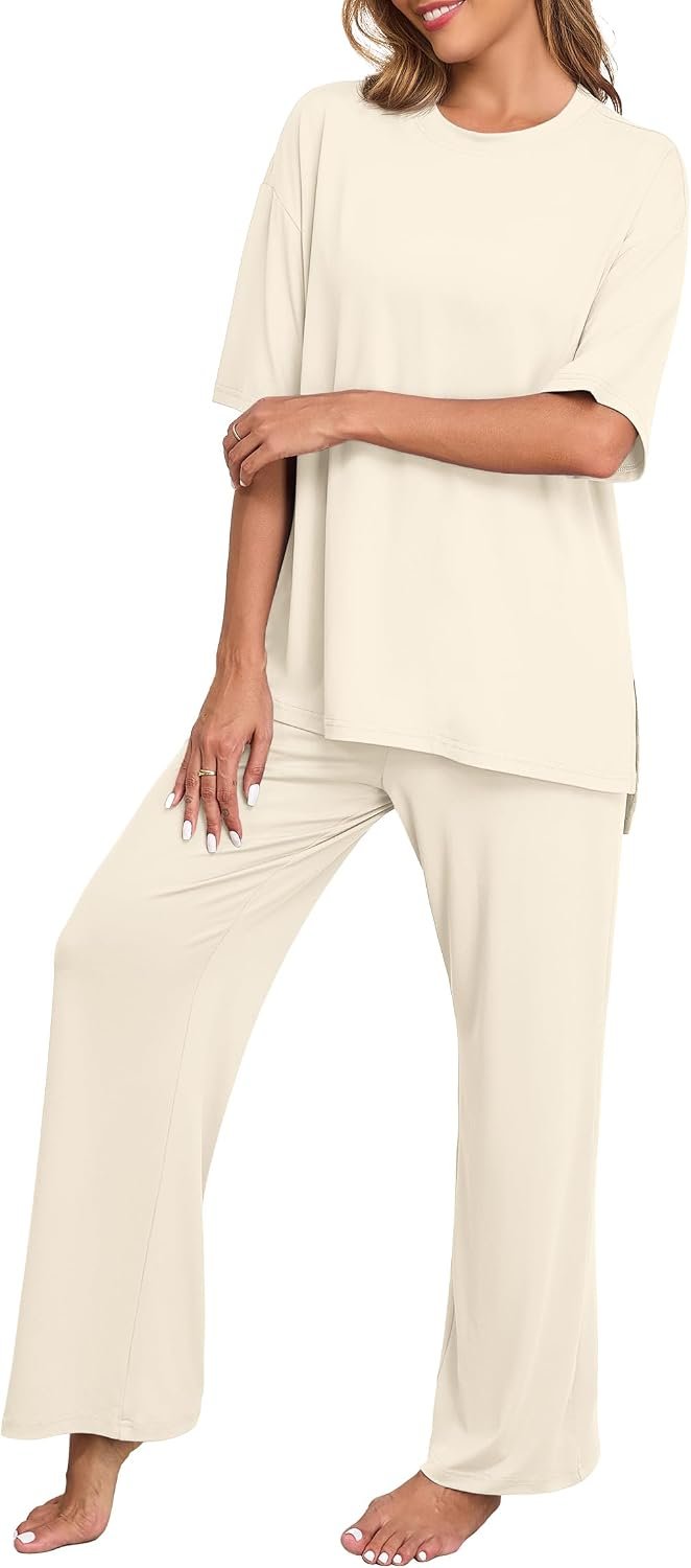 PrinStory Womens Pajamas Sets 2 Piece Lounge Set Short Sleeve Tops and Long Pants Soft Pjs Loungewear with Pockets