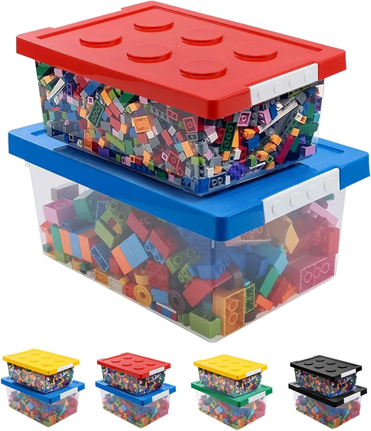 Plastic Storage Bins with Lids – Stackable Toy Storage Organizer Box Set of 2, Toy Chests with Compatible Building Baseplate and Lid, Storage Container for Building Bricks – Red+Blue