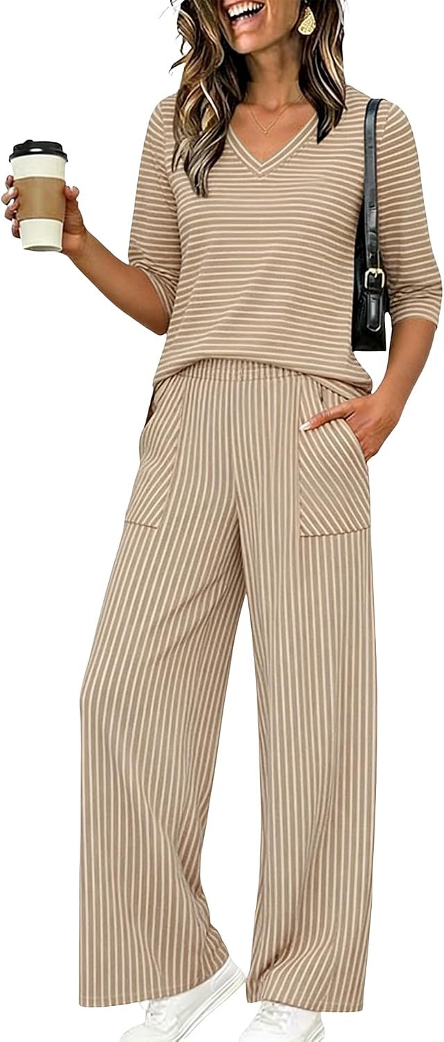 LOMON Women’s 2 Piece Lounge Pajama Sets Soft 3/4 Sleeve Tops and Wide Leg Pants Loose Casual Outfits with Pockets
