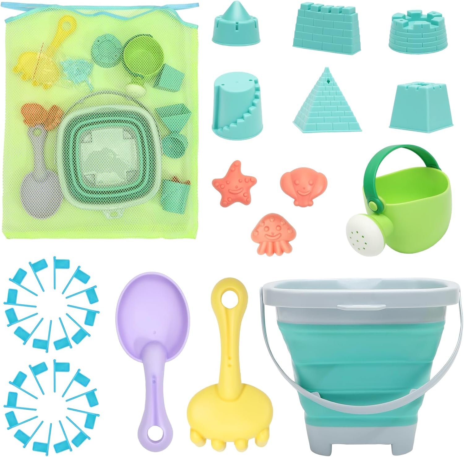 RACPNEL Beach Toys Sand Set for Kids, Collapsible Bucket and Shovels with Mesh Bag, Molds, Flags, Sandbox Kids Toddlers, Travel (Tavel Size)