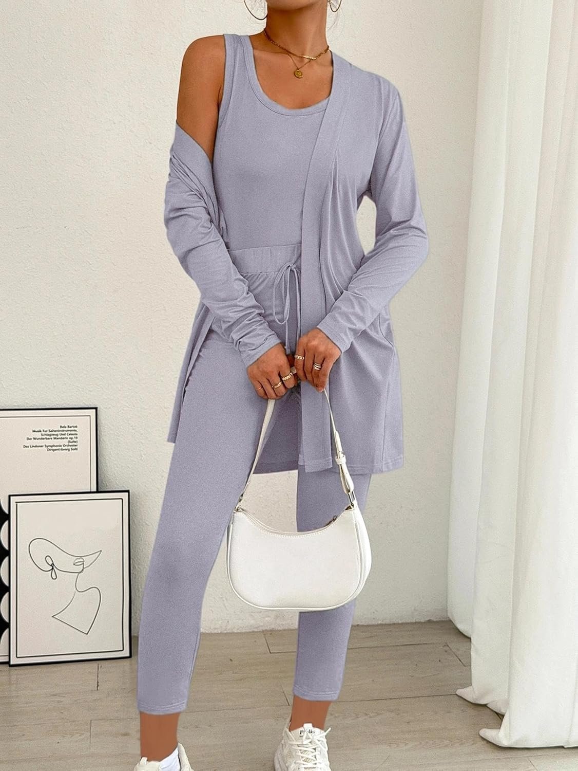 3 Piece Women’s Stylish Lounge Set, Featuring Long Pants, Tank Top, and Outerwear for Fall & Winter Home Wear