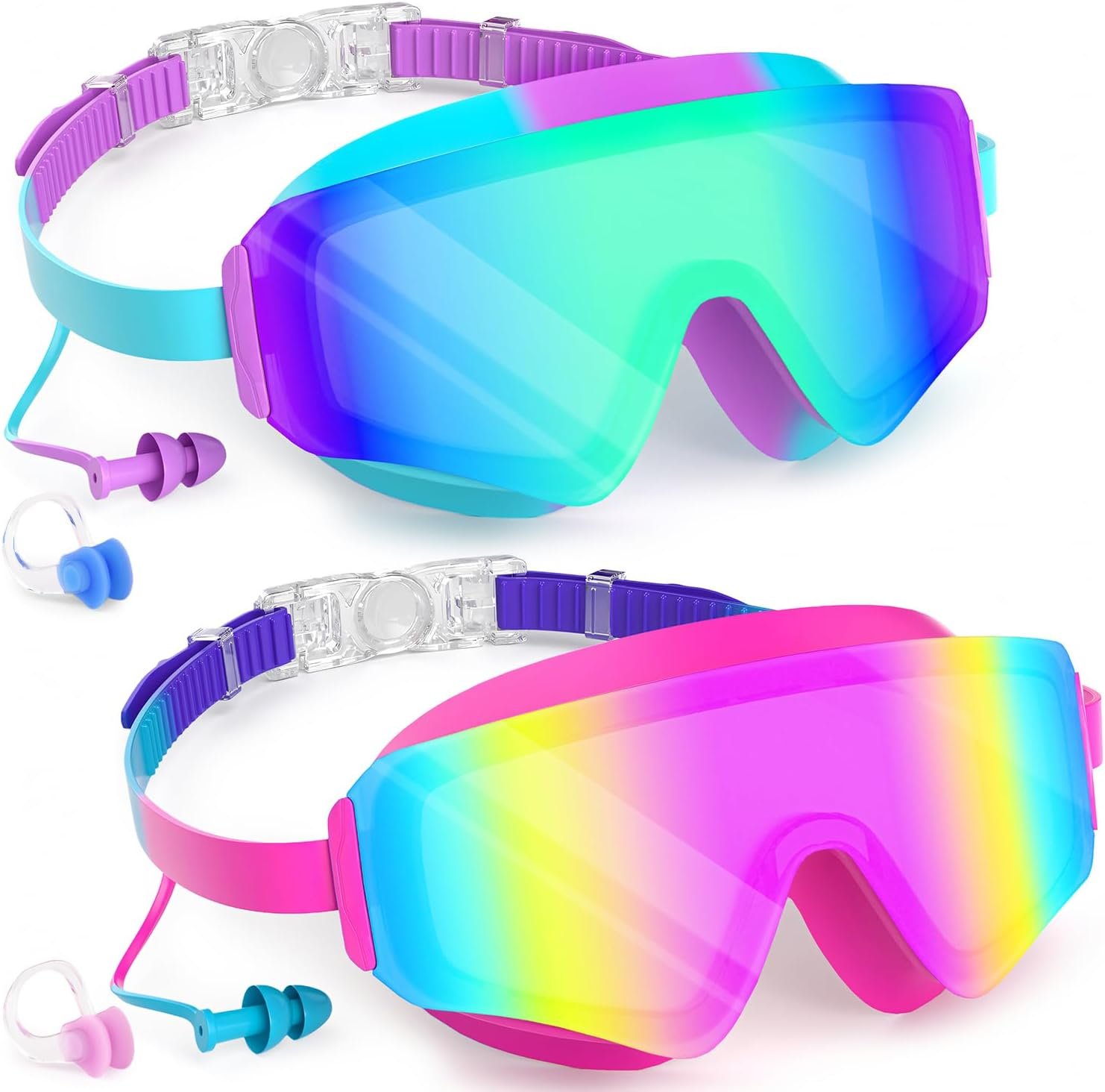 COOLOO 2 Pack Kids Goggles, Frameless Wide View Kids Swim Goggles, Anti-fog & Anti-UV Goggles for Girl Boys Youth 4-16