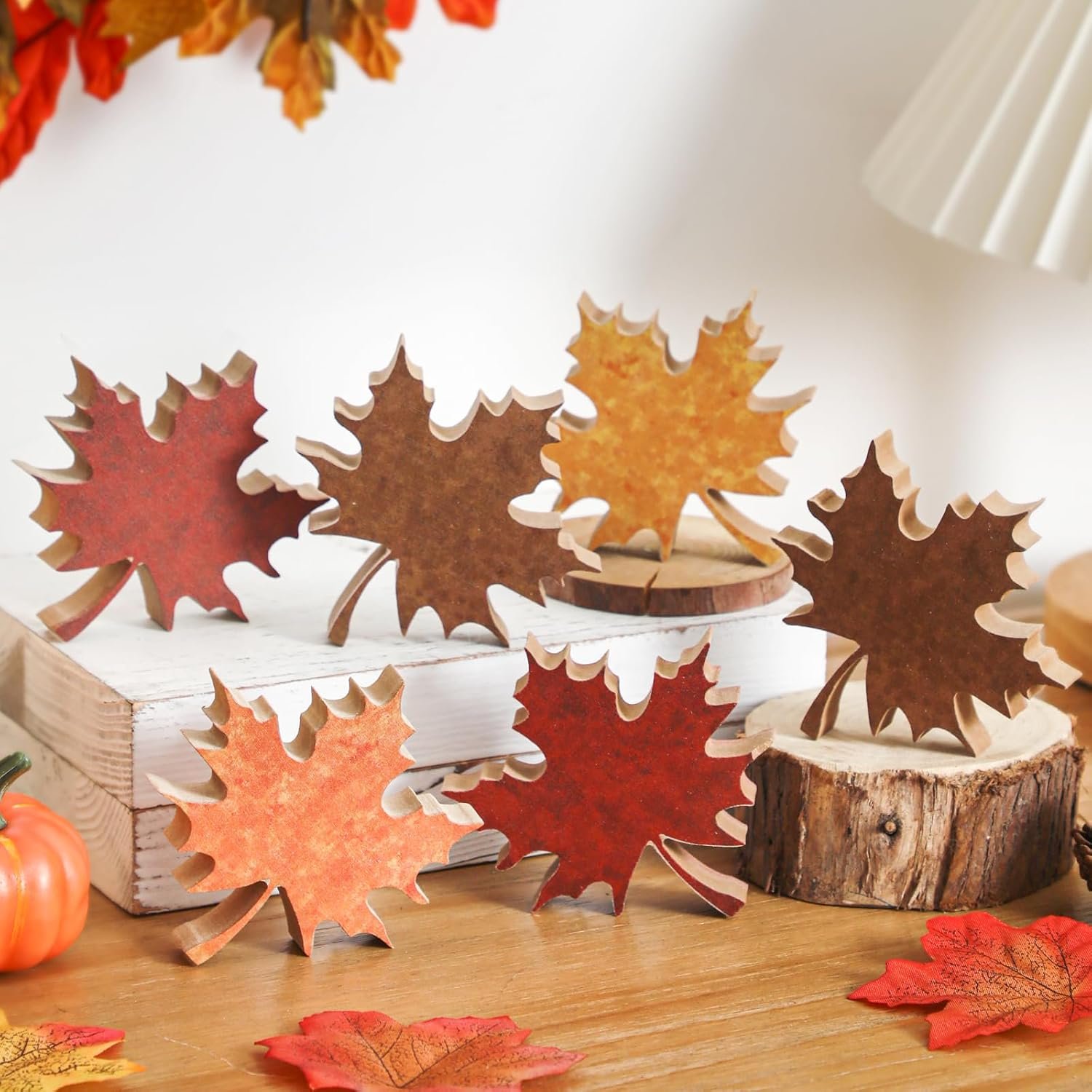 6PCS Fall Leaves Tiered Tray Decor Wooden Thanksgiving Leaf Decorations for Home Farmhouse Table Centerpiece Shelf Tabletop Maple Leaf Blocks for Autumn Set of 6